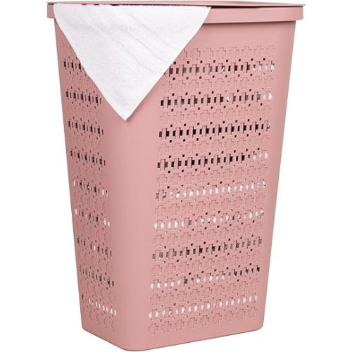 Mind Reader Slim Tapered Laundry Hamper with Lid, Clothes Basket with Swiss Cross Cut-Outs, Lightweight & Ventilated, Plastic, 16.75"L x 12.75"W x 23"H, Pink