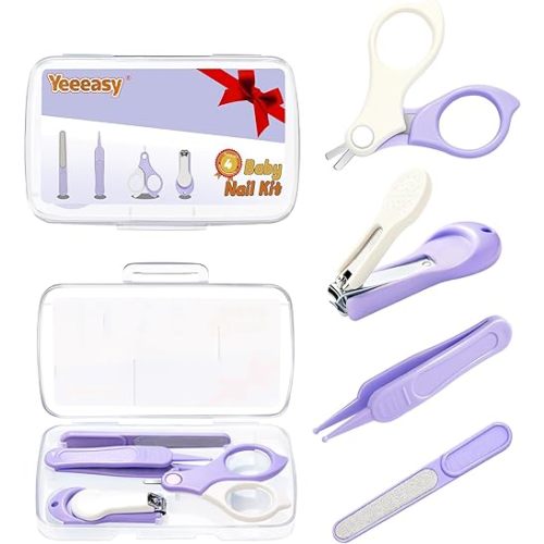 Baby Nail Clippers Kit – 4-in-1 Grooming Set with Delicate Case, Scissors, File & Tweezers, Manicure Gift for Newborn, Infant, Toddler, Kids (Purple)