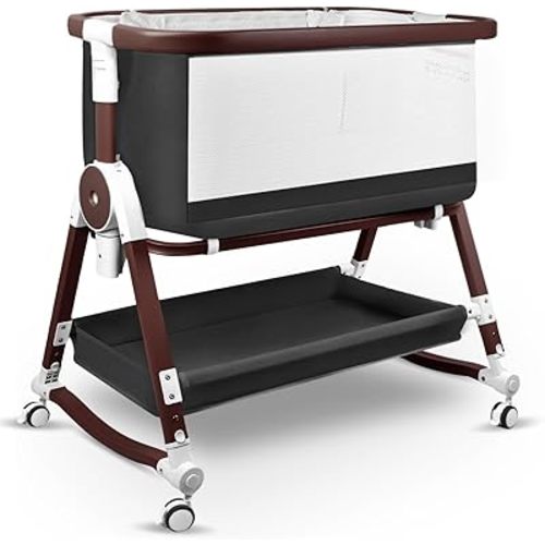 4 in 1 Baby Bassinet, Bassinets Bedside Sleeper with Wheels and Storage Basket, Adjustable 7 Heights Bedside Sleeper with Mosquito Net, Breathable Mesh Rocking Bassinet for Baby