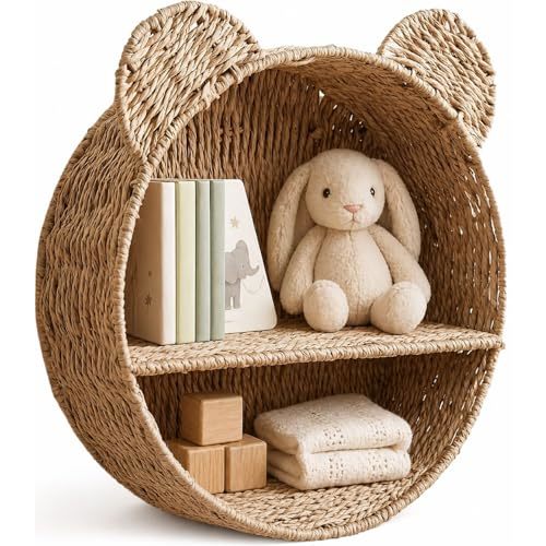 Woven Wall Basket Shelf Bear Nursery Decor — Boho Handwoven Hanging Wall Decor for Kids Room, Paper Rope Stuffed Animal Organizer, Baby Nursery Floating Shelf