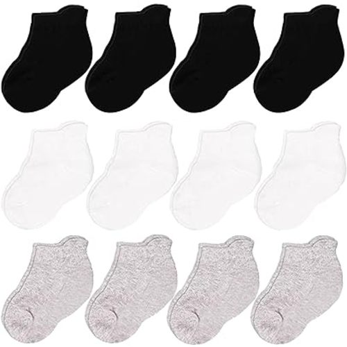 CozyWay Baby Socks Ankle Comfy Cotton Socks For Girls and Boys Babies No Show Infant - 6-12 Months Unisex Black, Gray, White - 12 Pack