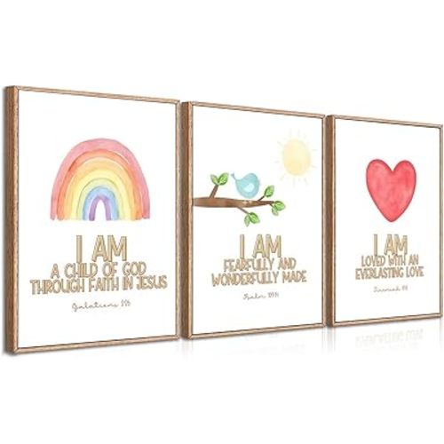 3Pcs Nursery Bible Verse Canvas Wall Art Colorful Rainbow Motivational Affirmation Wall Decor Pictures Christian Kids Scripture Introduction Posters Prints for Kids Room Nursery Home Decoration