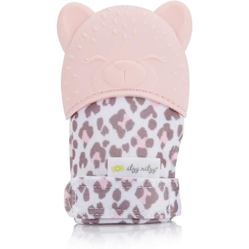 Itzy Ritzy Silicone Teething Mitt - Soothing Infant Teething Mitten w/Adjustable Strap, Crinkle Sound, Textured Silicone to Soothe Sore & Swollen Gums, Baby Teething Toy for 3 Mos & Up, Blush Leopard