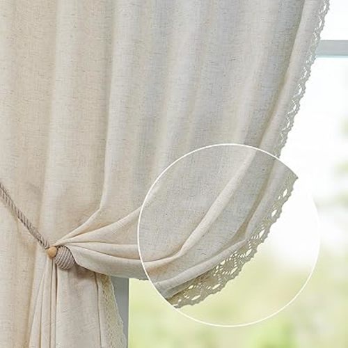jinchan Linen Blend Beige Curtains 84 Inch Length 2 Panels Curtains with Lace Trim for Living Room Rustic Farmhouse Curtains Rod Pocket Back Tab Light Filtering Curtains Bedroom Window Curtain Set