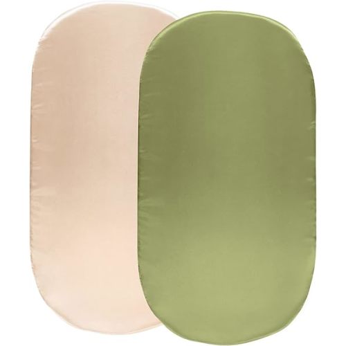 SiinvdaBZX Satin Bassinet Sheet Set 2 Pcs, Silky Soft Fitted Bassinet Sheets for Hourglass, Oval & Rectangular Bassinet Mattress (Beige & Sage Green)