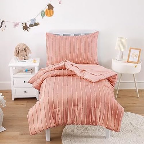 Wake In Cloud - Boho Toddler Bedding Set for Boys Girls, 4 Pieces Soft Crib Bed Set Including Comforter, Sheets and Pillowcase, Striped Tufted Soft Microfiber, Pink