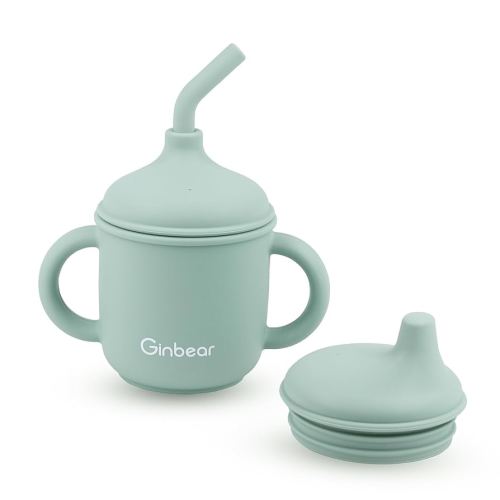 Ginbear 2-in-1 Sip-N-Straw Baby Cup, Spill Proof Non-Toxic BPA Free Food Grade Silicone Training Transition Sippy Cup for Toddler 6 Months+ (Hazy Green)