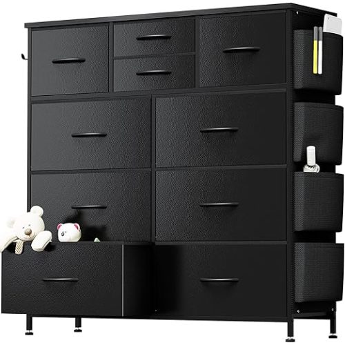 10 Drawer Dresser, Chest of Drawers for Bedroom, PU Dresser with Side Pockets, Hooks, Wooden Top and Sturdy Metal Frame for Living Room, Closet, Hallway (Black)