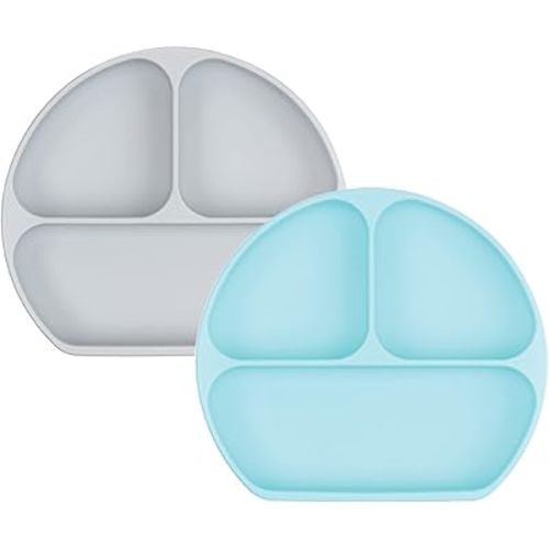 Bumkins Toddler and Baby Suction Plate, Silicone Divided Grip Dish for Babies and Kids, Baby Led Weaning, Children Feeding Supplies, Non Skid Bottom, Platinum Silicone, 6 Months Up, Gray and Blue