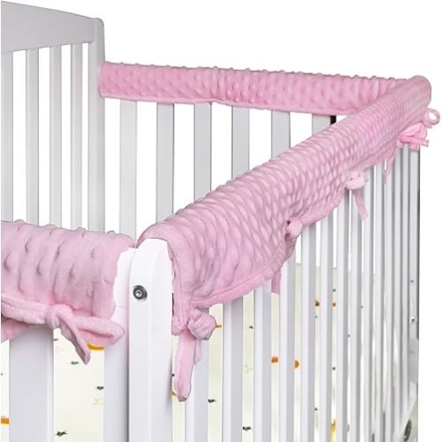 Upgraded 3-Pcs Velvet Crib Rail Covers for Teething, Buttery Soft Rail Edge Protector Strip for Protect Baby Teeth and Save Rails, Fits 52" x 28" Full-Size Crib with Narrow Guardrails, Pink