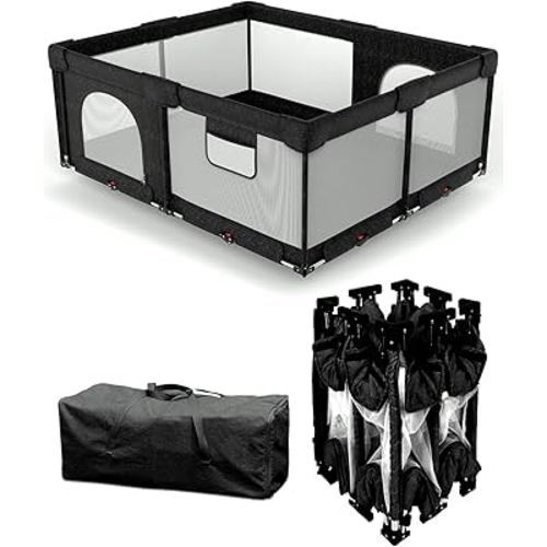 Dearlomum Foldable Baby Playpen with Non Removable Mat, Extra Large Collapsible Play Yard for Babies & Toddlers, Portable Travel Playpen, Baby Activity Center for Indoor & Outdoor Use (Black 59"×71")