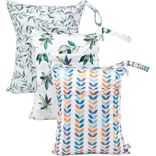 babygoal Wet Dry Bags for Baby Cloth Diapers, Washable Travel Bags, Beach, Pool, Gym Bag for Swimsuits & Wet Clothes with Two Zippered Pockets 3 Pack 3LN08
