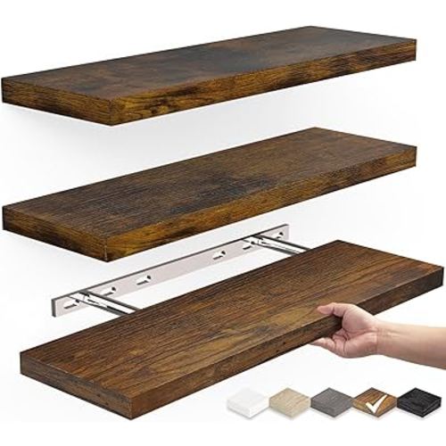 BAYKA Floating Wood Shelves - Wall Mounted for Bathroom,Bedroom,Living Room,Kitchen,Small Hanging Shelf for Books/Storage/Room Decor with 22lbs Capacity(Rustic Brown,Set of 3,16inch)