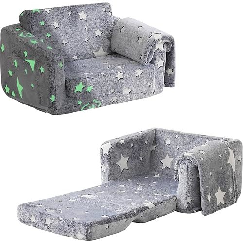 Kids Couch Fold Out, Foldable Toddler Couch with Blanket, Kids Sofa for Girls & Boys, Flip Out Toddler Chair, Convertible Sofa to Lounger for Children Age 1-3 (Glow Star)