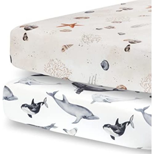Pobibaby - 2 Pack Premium Fitted Baby Boy Crib Sheets for Standard Crib Mattress - Ultra-Soft Jersey Knit, Safe and Snug, and Stylish Ocean Crib Sheet (Seaside)