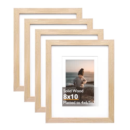 KINLINK 8x10 Picture Frame Natural, Solid Wood Frames with Acrylic Plexiglass for Pictures 4x6/5x7 with Mat or 8x10 without Mat, Tabletop and Wall Display Photo Frame, Set of 4