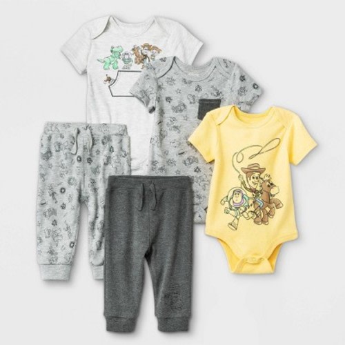 Baby Boys' 5pk Disney Toy Story Short Sleeve Bodysuit - Gray/White/Yellow, Size: Newborn