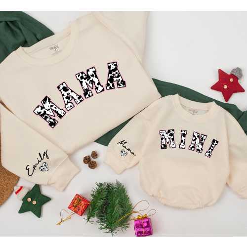 Personalized mama And mini Cowhide Sweatshirt, Mom And Baby Matching clothing, Country, Western Christmas Outfit, Baby Girl Romper Gifts