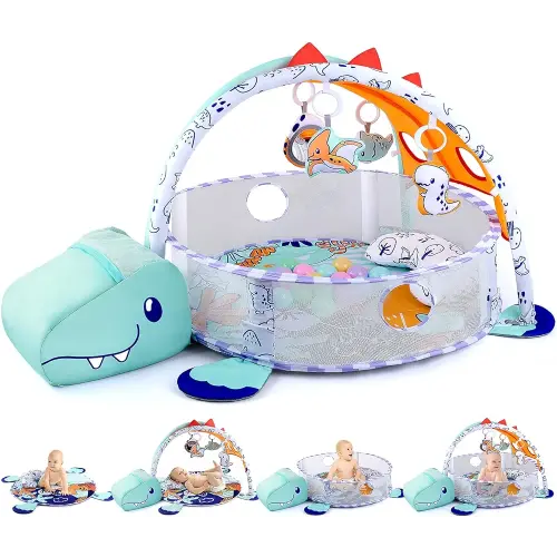 PLAY 4-in-1 Baby Play Mat - Dinosaur Baby Gyms & Playmats Tummy Time Mat Washable, Baby Activity Center with 4 Sensory Toys & 1 Soft Pillow, Develop Motor Skills Gift for Newborn Toddler - Multi