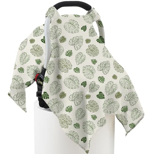 100% Muslin Cotton Car Seat Cover Baby, Carseat Canopy Cover, Universal Fit Stroller Covers for Boys and Girls (Monstera Green)
