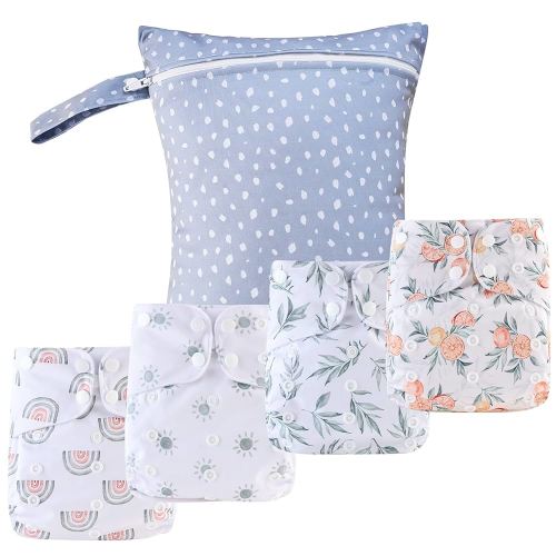 HappyFlute 9 Sets Newborn Baby Cloth Pocket Diapers One Size Adjustable Reusable for Baby Boys and Girls(6-33 pounds,0-3 Years),One Wet Bag+4Diapers and 4Inserts