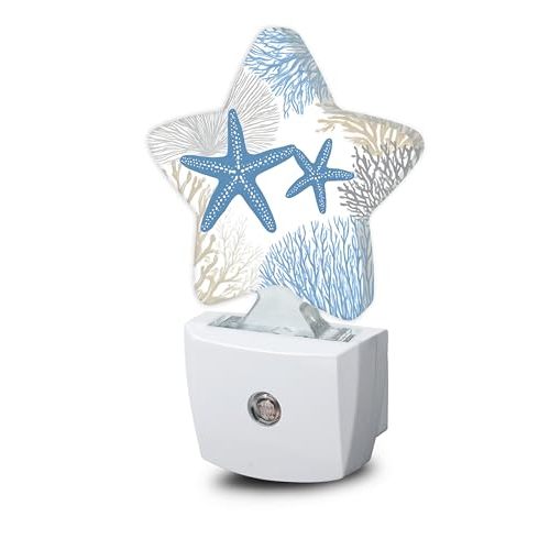 Ocean Starfish Coral Night Light,Coastal Beach Plug-in Star Night Lights with Dusk-to-Dawn Sensor for Bedroom,Bathroom,Living Room Sleep Friendly Lamp for Women Girls Boys Gift,0.5W