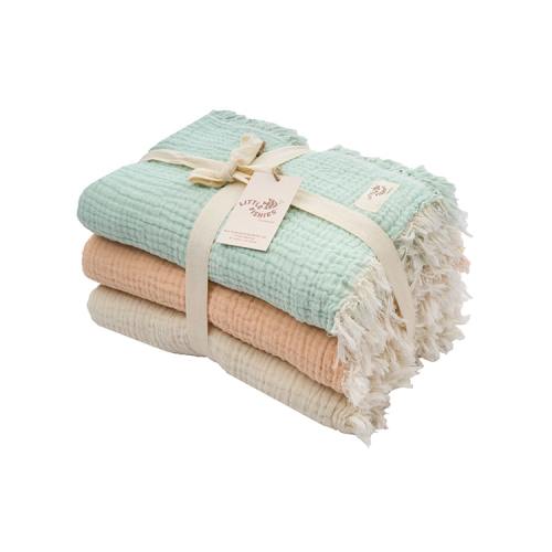 Little Fishies Gauze Receiving Blanket Set - 3 Pack - Seafoam / Peach Fuzz / Natural
