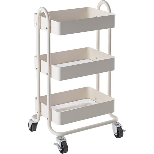 3-Tier Rolling Cart,Metal Rolling Utility Cart with Handle,Steel Multifunction Carts with Wheels,Kitchen Storage Carts Suitable for Office,Home,Kitchen,Garden(13.4"x18.1"x31") White