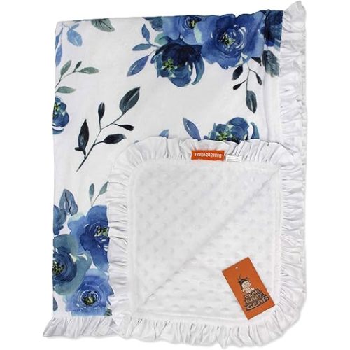 Dear Baby Gear Floral Deluxe Baby Blanket - Reversible, Milestone & Newborn Gifts for Girls and Boys - Blue Watercolor Roses on White, White Ruffles, 43 x 33 Inches