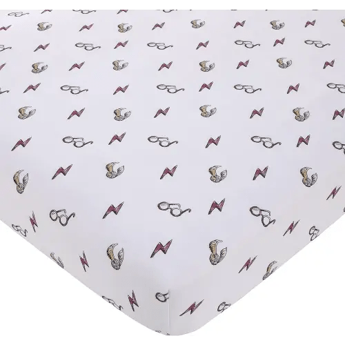 Warner Brothers Harry Potter White, Red, and Gold Lightning Bolt, Golden Snitch, and Glasses Nursery Fitted Crib Sheet