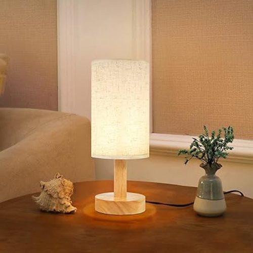 Small Bedside Table Lamp for Bedroom,Natural Round Wood Base&Fabric Linen Shade,Cozy Night Table Light for Study Reading,Minimalist Boho Desk Lamp for Nightstand,Living Room,Nursery,Kitchen,Dorm
