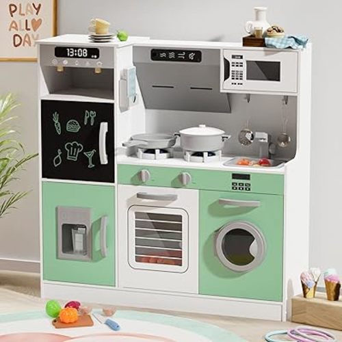 BIERUM Play Kitchen with Realistic Lights & Sounds, Wooden Kitchen Playset with 28 Pcs Toy Food & Cookware Accessories, Toy Kitchen with Plenty of Play Features, Idea Gift for Boys and Girls Ages 3+