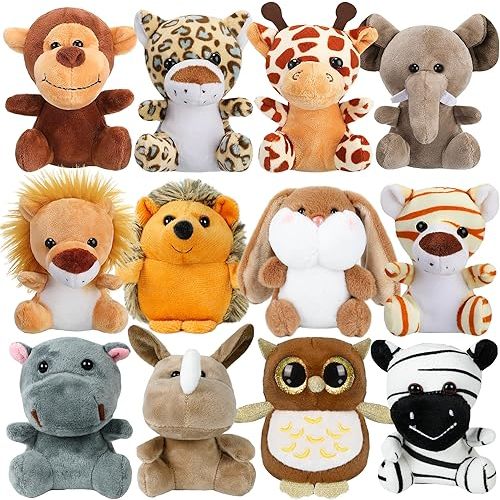 12 Pcs Valentines Day Gifts for Kids Classroom, Small Stuffed Animals Bulk, Mini Stuffed Animals, 4 Inch Safari Stuffed Animals, Valentine Gift Exchange for Boys Girls Toddlers