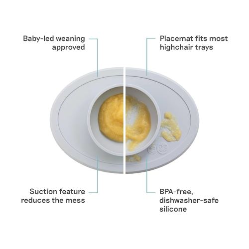 ezpz Tiny Bowl (Pewter) - Silicone Suction Placemat + Bowl for Infants - 6 months+ - Baby Led Weaning Supplies - Fits All Highchair Trays