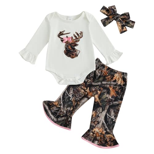 Tehgkeyd Newborn Baby Girl Hunting Clothes Deer Embroidery Long Sleeve Romper Camo Jungle Flare Pants Set Fall Winter Outfit