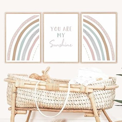FSZSEES Dusty Pink Boho Rainbow Wall Art Set of 3 Nursery Wall Decor You Are My Sunshine Canvas Prints Unframed Children Room Wall Art for Girls Boys Bedroom 16x24 Inch