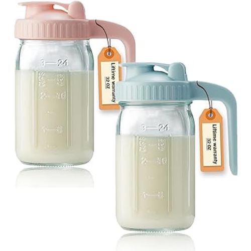 2 Pack 32oz Glass Pitcher with Lid & V-shaped Pour Spout - 1 Quart Double Leak Proof, Creamer Container for Sun Tea, Juice, Cold Brew Coffee, Breastmilk Storage Container