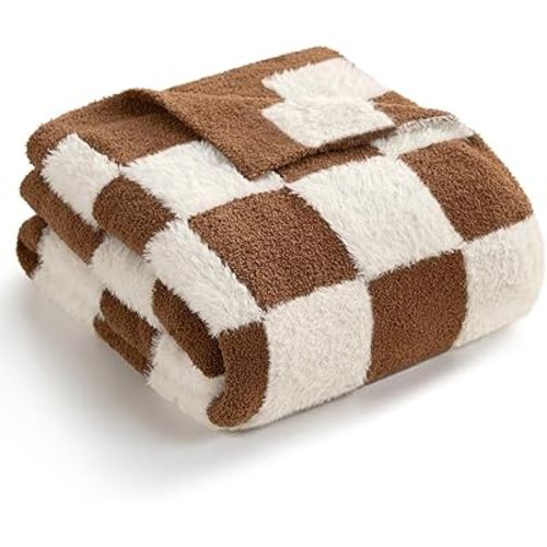 Snuggle Sac Brown Checkered Throw Blanket Faux Fur Microfiber Blankets for Couch,Cozy Soft Warm Blanket for Sofa Bedroom Living Room,Brown Checker,50x60 inches