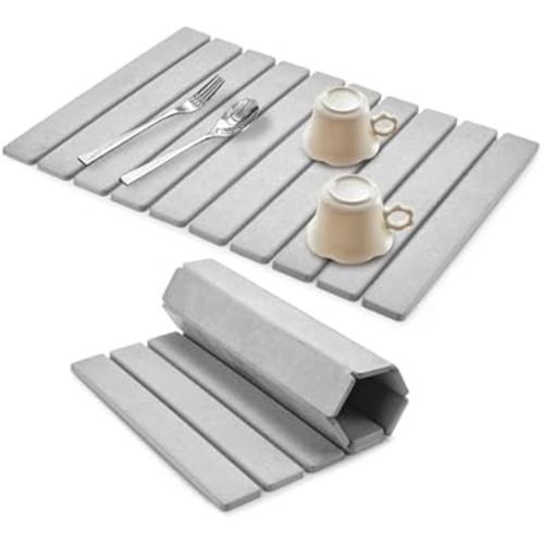 Large Stone Dish Drying Mat for Kitchen Counter, 24"(L)×16"(W), Collapsible Quick Dry Dish Drying Mat, Ultra Absorbent Diatomaceous Earth Mats for Dishes Bottles Cups, Match Any Countertop (Grey)