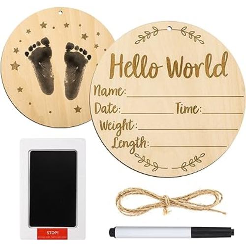 Baby Announcement Sign, 5.9 Inch Round Baby Nursery Name Signs with Ink Pad for Baby Hand and Footprints Wooden Hello World Newborn Sign for Photo Prop