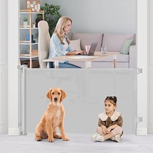 52” Wide Mesh Baby Gate Retractable Dog Gate Outdoor Gates for Decks Retractable Dog Gates for the House Mesh Gates for Kids or Pets Retractable Baby Gates for Doorways Indoor Doggie Gates, Light Gray