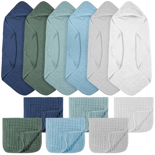 12 Pcs Baby Muslin Hooded Bath Towels and Washcloths, 32 x 32 Inch Muslin Cotton Hooded Baby Towels Absorbent Hooded Blankets for Gift Newborn Infant Shower (Green Blue Gray)