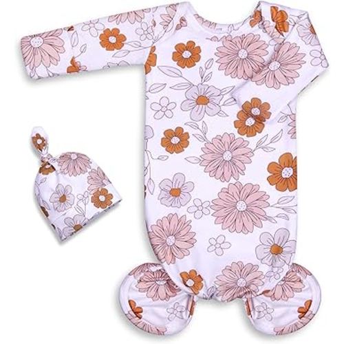 Newborn Baby Girl Gown 0-6 Months, Super Soft Newborn Sleepers Gown, Long Sleeve Infant Nightgown for Girls, Baby Girl Outfit Essential with Folding Gloves Hat Set Daisy