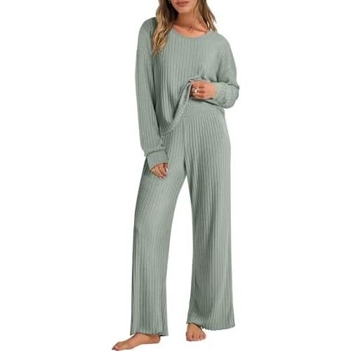 ANRABESS Women 2 Piece Lounge Pajamas Sets Casual Ribbed Knit Long Sleeve Top Pants Matching Set 2025 Fall Outfits Clothes