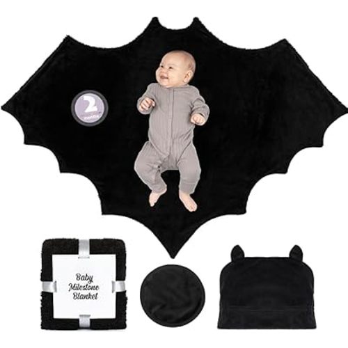 Baby Bat Swaddle Blanket Gift Set with 12 Baby Monthly Stickers, Circle Prop and Plush Baby Bat Hat, 46x36 inch Halloween Baby Blanket is the Perfect Goth Baby Stuff for Gothic Baby Nursery