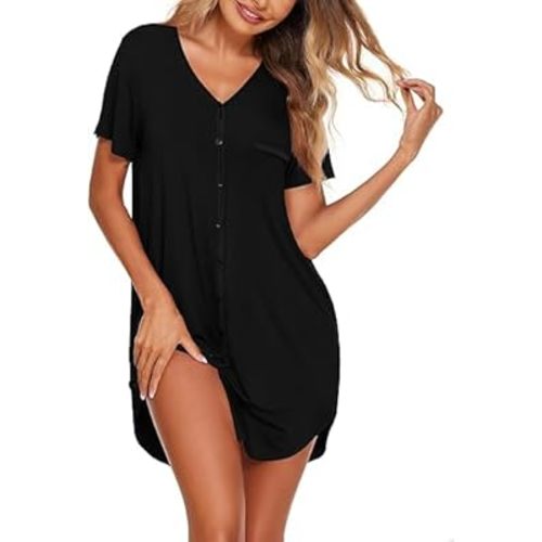 Ekouaer Women's Button Down Nightgowns V Neck Nightshirt Short Sleeve Sleepwear Soft Pajamas Dress with Chest Pocket
