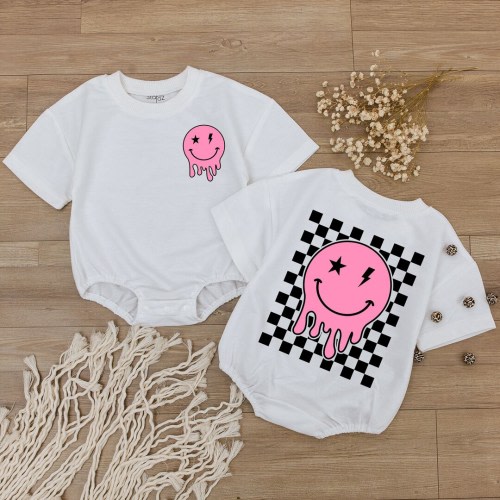 Smiley Face Pink Baby Romper, Happy Face Bodysuit, Checkered tshirt kid, Cute kids Outfit, Retro Shirt, Baby Shower Gift, Newborn Clothes