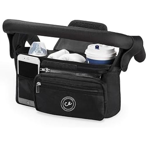 Universal Stroller Organizer - Insulated Stroller Cup Holder Detachable Front Bag With Shoulder Strap - Smart Parent Stroller Bag Organizer -Compact Design Fits Most Baby Stroller Pet Stroller (Black)