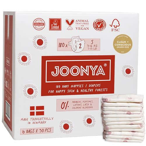 Joonya Baby Diapers, Size 2 S (7-13 lb) - 1 Bag of 30 - Non Toxic, Eco-Friendly, High Absorbency, Overnight Use, Ultra Slim & Soft - Made in Denmark