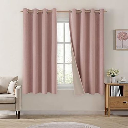 HOMEIDEAS 100% Blackout Curtains 2 Panels Blush Pink Linen Room Darkening Curtains 52 X 63 Inches Thermal Insulated Grommet Window Drapes with Liner for Nursery, Living Room, Bedroom